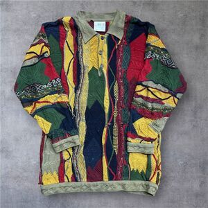 Coogi Australia Vintage Y2K 3D Knit Multicolored Polo Sweater Men's Size Medium